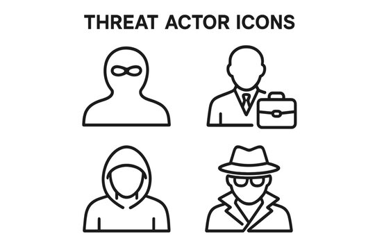 Threat actor icons set with outlined profiles of masked criminals, insider figures with briefcases, cybercrime silhouettes, hacker personas, and security threat vectors on transparent background