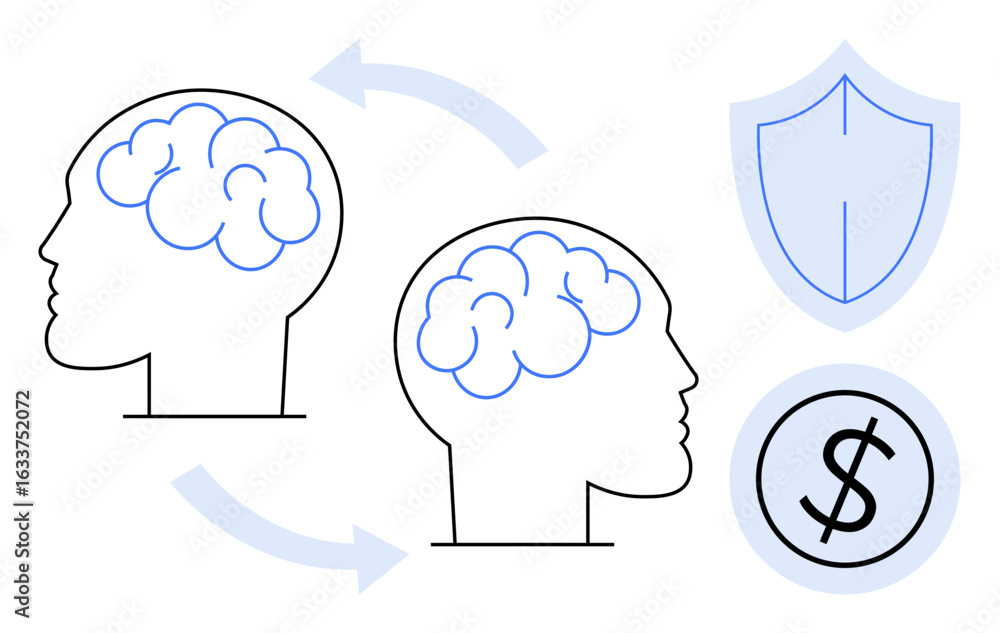 Poster two brains with circulating arrows representing communication and ideas, alongside a shield visualiz