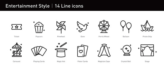 This amusement icon set features Ferris wheels, magic hats, and popcorn, capturing park vibes. Ideal for entertainment and design, with scalable vectors. © Claudia