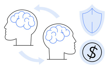 Two brains with circulating arrows representing communication and ideas, alongside a shield visualizing security and a dollar sign for financial concepts. Ideal for innovation, ideas, security