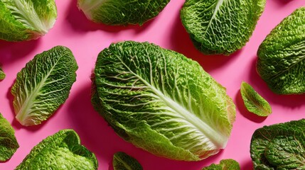 Obraz premium Fresh romaine lettuce arranged on a vibrant pink background showcasing its crisp texture and rich color