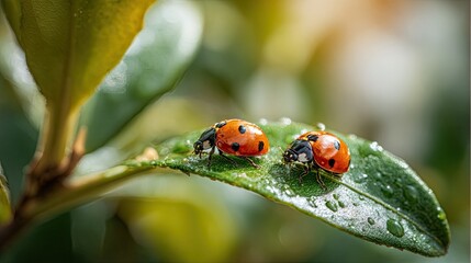 Obraz premium Two Ladybugs Resting on a Green Leaf with Morning Dew Captured in Close-Up Detail