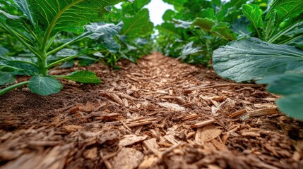 Lush Green Vegetable Field with Wood Chip Mulch Pathway in Agricultural Landscape