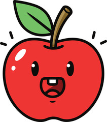 A digital illustration depicts a cartoon apple with a cheerful expression. The apple is red with a green leaf and stem.