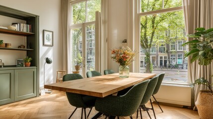 Fototapeta premium Sunlight floods a cozy dining room