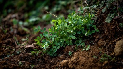 Green Plant Growing on Soil with Natural Sunlight and Soft Focus Background in Fresh Earthy Environment