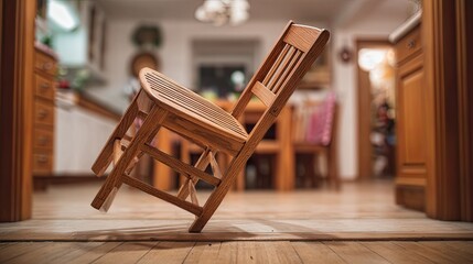 Wooden chair balancing precariously on its back legs in a cozy kitchen setting