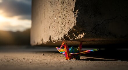 A vibrant origami crane, a symbol of enduring hope, confronts the immense weight of a desolate concrete structure, bathed in the warm, fading light of a dramatic evening