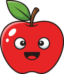 A digital illustration of a red apple depicted in a pixel art style. The apple has a cartoonish face with large eyes and a smiling mouth.