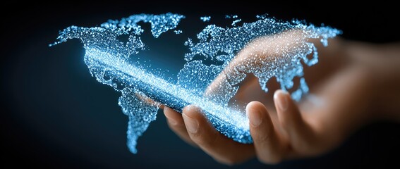 Holographic world map on a smartphone held in a hand
