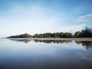 Peaceful Tropical Beach with Calm Reflections and Lush Green Coconut Trees