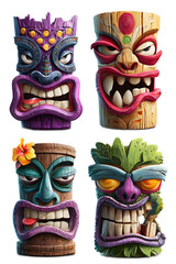 A collection of four vibrant and highly detailed tiki masks featuring intricate tribal carvings and expressions that capture the mystical and essence of traditional Polynesian culture