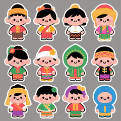Cute Cartoon Characters in Traditional Attire