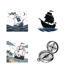 Four images illustrating themes of exploration, Columbus Day  navigation, sailing, and the sea
