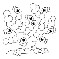 Underwater scene with corals and cute little fish. Black and white line art for ocean themed coloring books and educational worksheets about sea life.