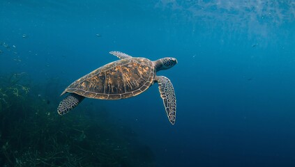 Fototapeta premium A sea turtle gracefully swims through the clear blue ocean water with sunlight filtering through above it