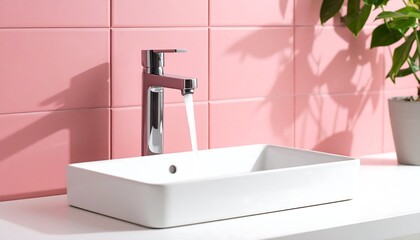 Modern bathroom sink with chrome faucet; water flows into rectangular basin against pink tile