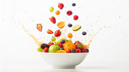 Naklejka premium Fresh tropical mixed fruits splash in bowl isolated on white background – healthy food concept JPG
