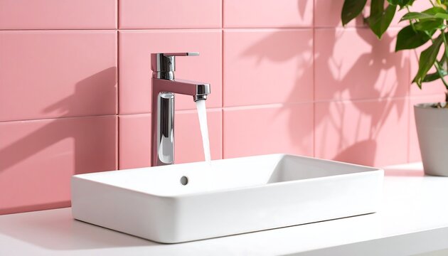 Modern bathroom sink with chrome faucet; water flows into rectangular basin against pink tile - Powered by Adobe