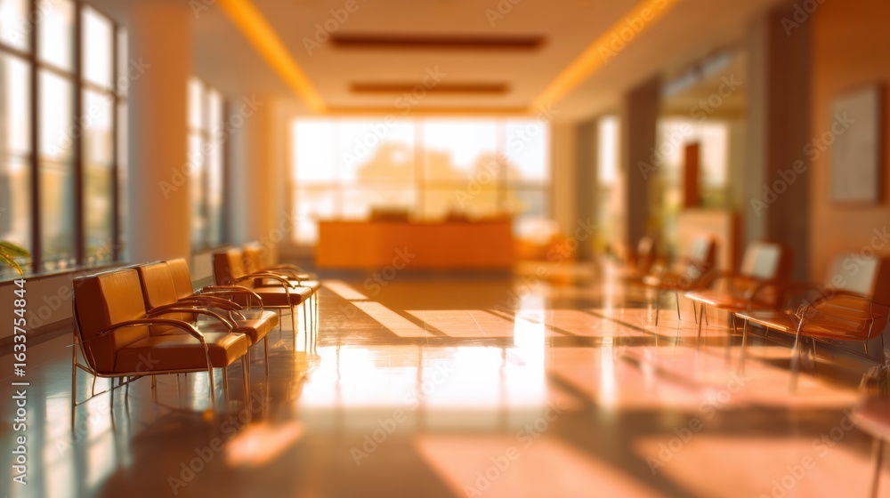 Poster a warm and inviting lobby space with sunlight streaming through large windows, creating a tranquil a