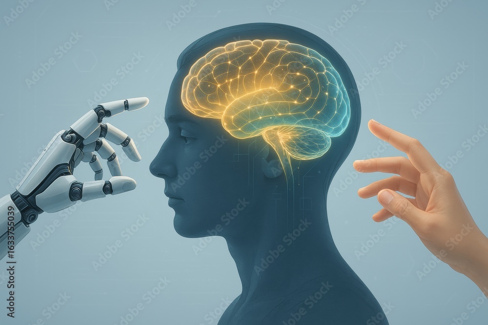 Poster human-robot interaction: a conceptual image showcases the interplay between a human brain and a robo