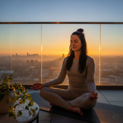 Woman practicing mindfulness breathing on balcony at dawn.