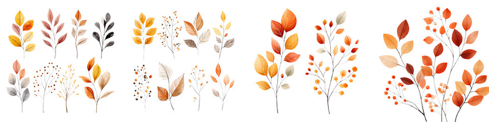 Obraz premium Autumn Leaves and Branches Watercolor Illustration on White Background