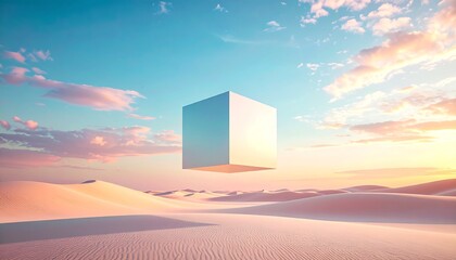 Surreal desert landscape with a large floating square minimal, dreamlike scene with soft tones and abstract atmosphere.
