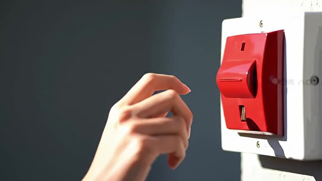 Hand pushes button on red emergency switch mounted on a wall next to gray space