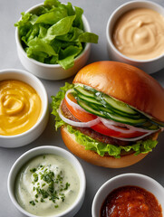 K&ouml;stlicher Burger umgeben von verschiedenen bunten Saucen und Dips in einer appetitlichen Zusammenstellung