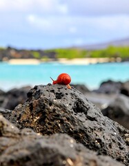 Red snail on dark volcanic rock near ocean
