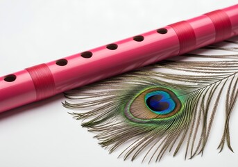 Modern Red Flute with Peacock Feather on White Background