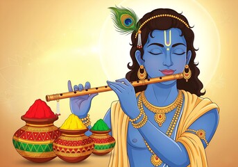 Divine Krishna Playing Flute Surrounded by Holi Color Powders