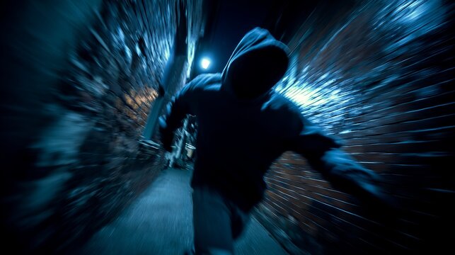A shadowy figure in a hoodie runs through a dark alley, creating a sense of urgency and mystery.