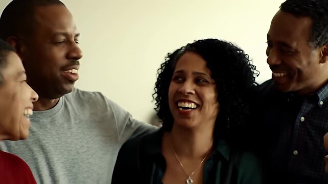 Group of people, a multi-generational family, smiling and laughing, indoor scene