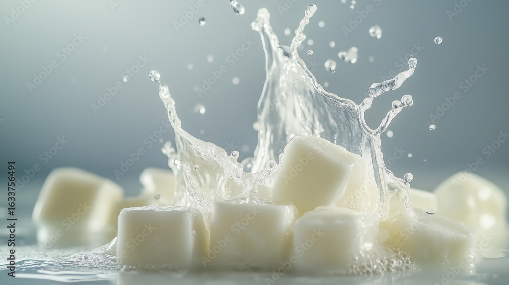 Poster close-up of sugar cubes splashing in water, creating dynamic droplets. the imagery captures the cont
