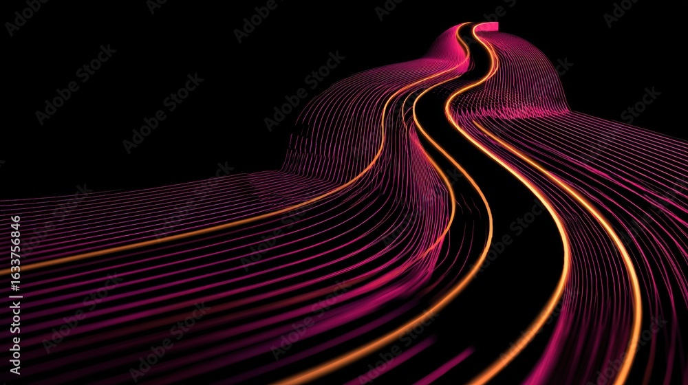Poster abstract neon light trails creating a dynamic and futuristic road design on a dark background.