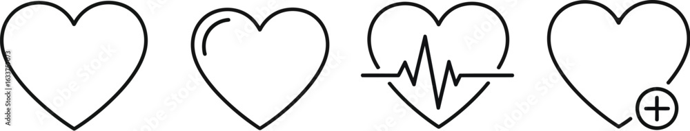 Poster vector art of collection of heart icons with different designs, including a pulse line and add symbo