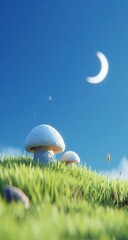 Two mushrooms on a grassy hill under a partly cloudy sky