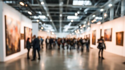 Art exhibition showcasing diverse artworks and a large crowd enjoying the creativity within the gallery space.