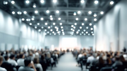 Blurred image of a large conference hall filled with people attending a business event illuminated by bright lights.