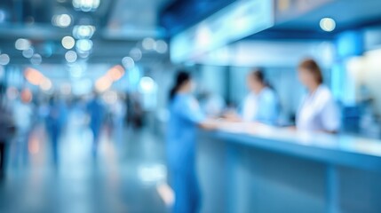 Blurred image of medical professionals interacting with patients in a hospital reception area.