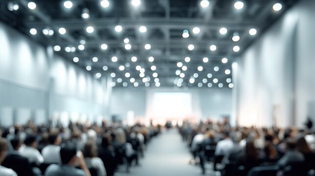 Blurred image of a large conference hall filled with people attending a business event illuminated by bright lights.