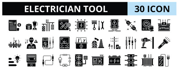 30 Electrician Tool Glyph Icons Vector - Electric Appliance, Spare Part, Power Switch, Voltmeter, Cable, Generator