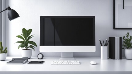 Modern designer workplace with computer and stationery