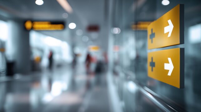 Close-up of directional signs in an airport terminal guiding travelers towards their destinations in a busy environment.