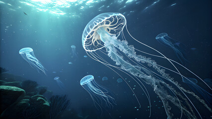Bioluminescent jellyfish swimming in deep blue ocean water