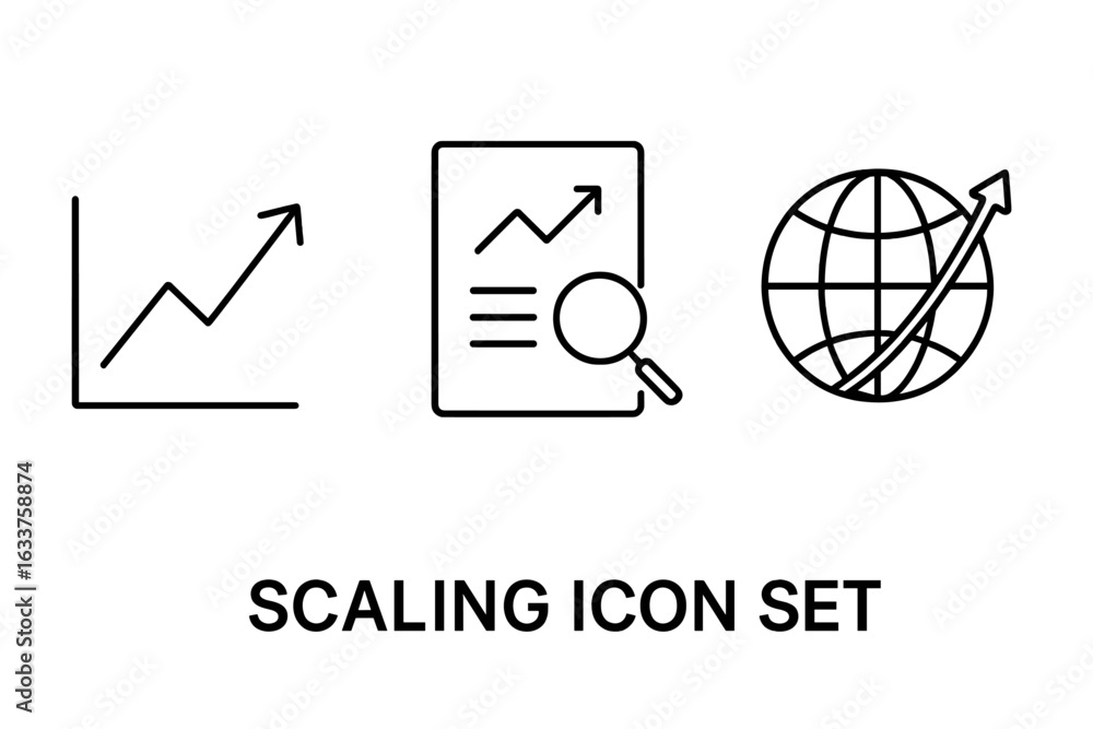 Poster scaling growth icons set. outline business graph with upward arrow. market analysis document, magnif