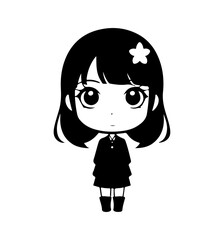 Black and White Cute Chibi Character in Anime-Style Minimalist Design, Charming illustration of a chibi-style character in a black and white aesthetic