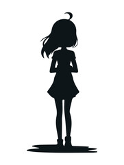Silhouette of Feminine Figure Posing Gracefully in Minimalistic Art Style, A stylized silhouette of a feminine character standing gracefully with a minimalistic and elegant aesthetic on a white backgr